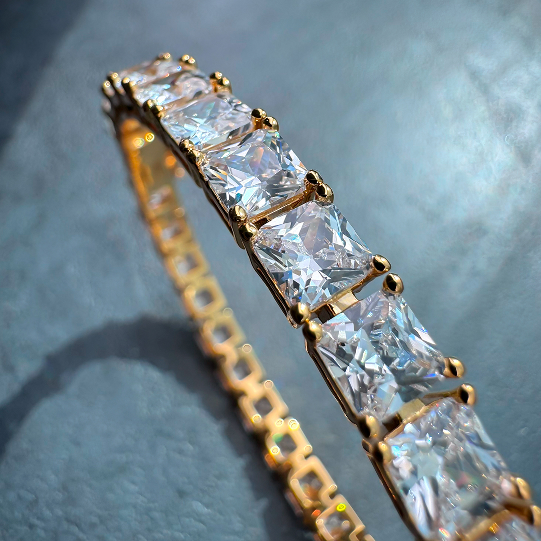 Alloy Gold Plated Princess-Cut Tennis Bangle - Image 4