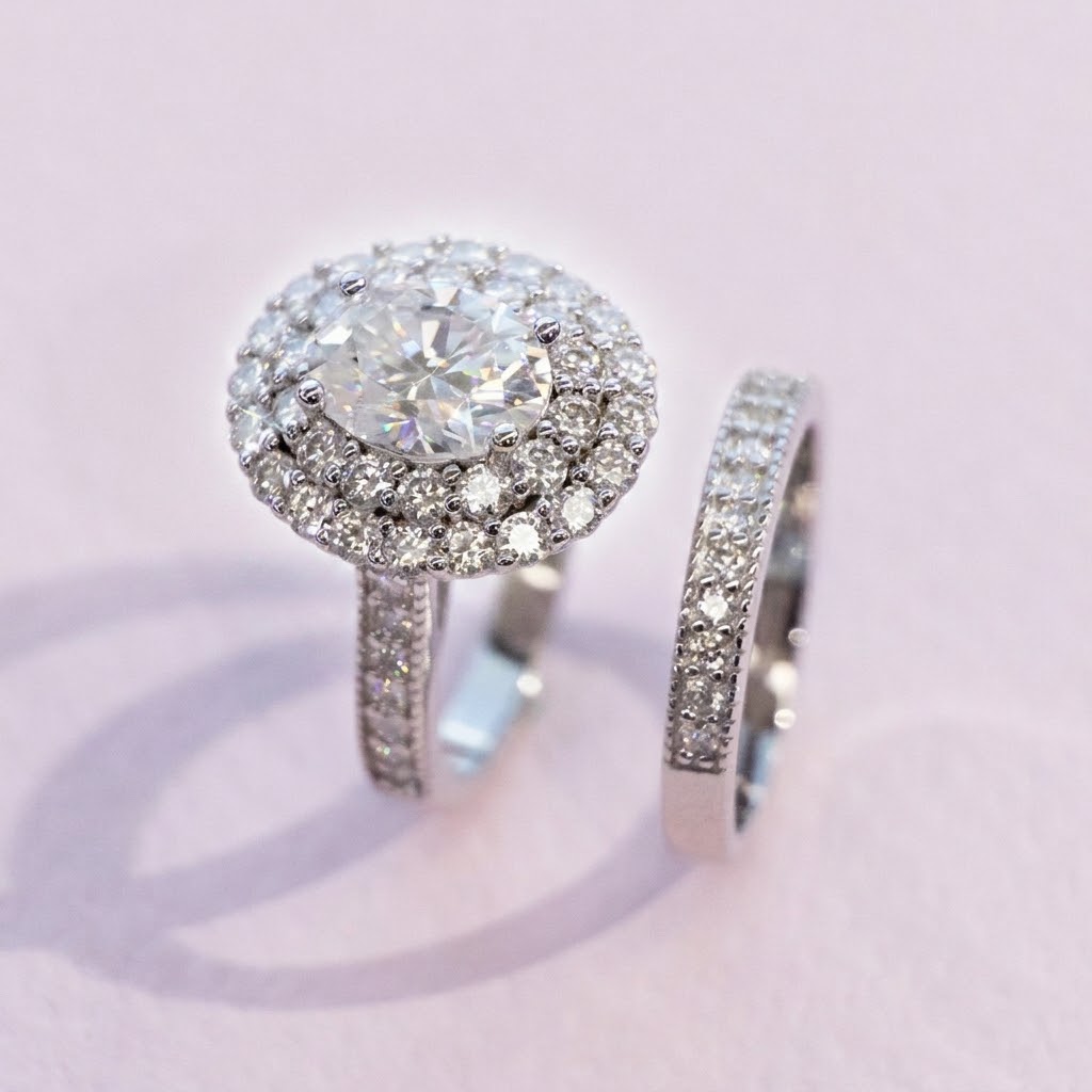 Lab Moissanite Double Halo Bridal Ring Set in 925 Silver