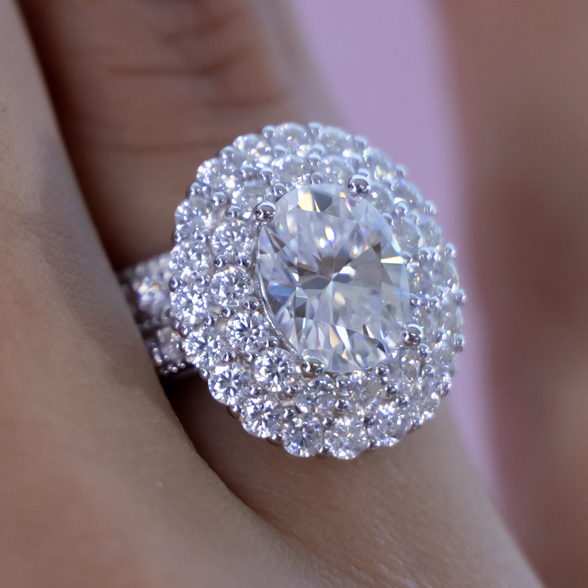 Lab Moissanite Double Halo Bridal Ring Set in 925 Silver - Image 2