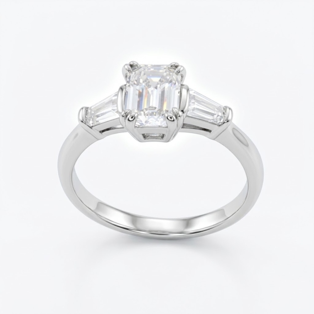 925 Sterling Silver Emerald-Cut Three-Stone Lab Moissanite Ring