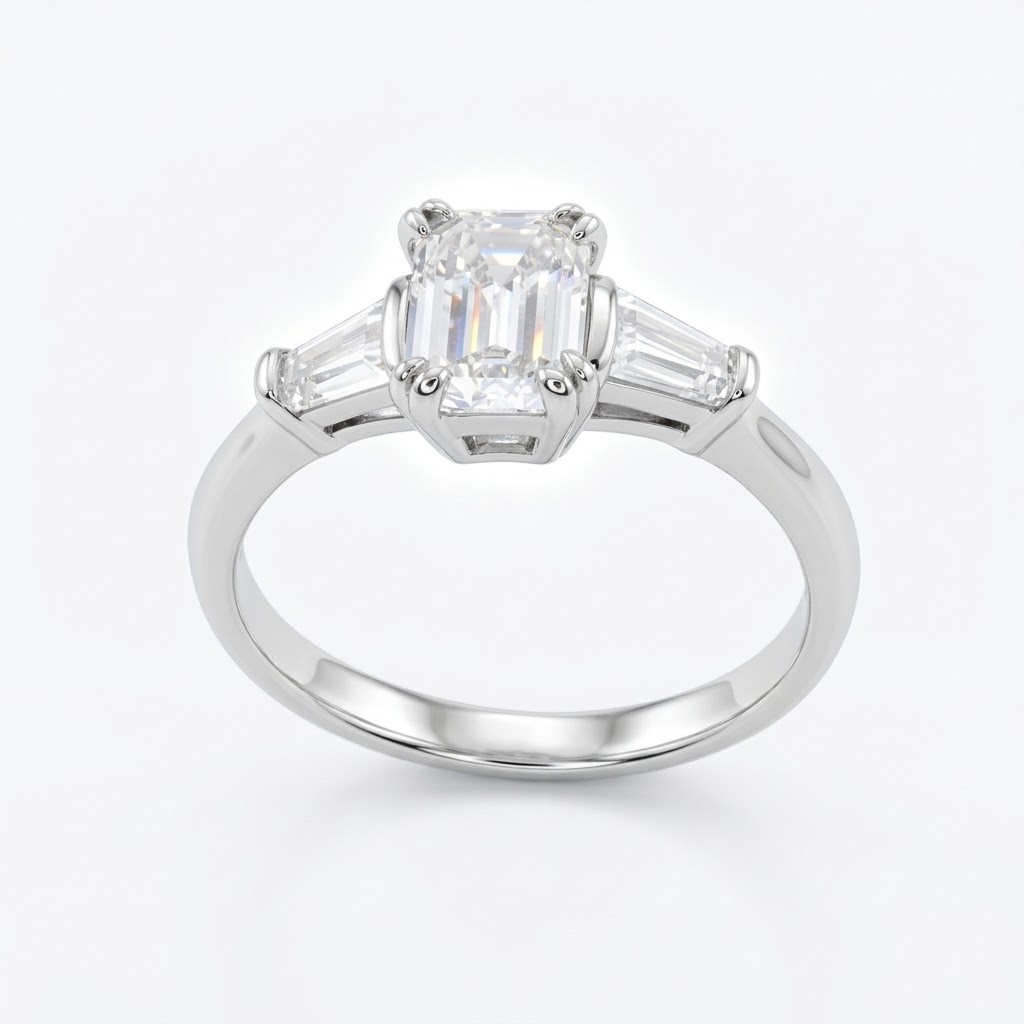925 Sterling Silver Emerald-Cut Three-Stone Lab Moissanite Ring
