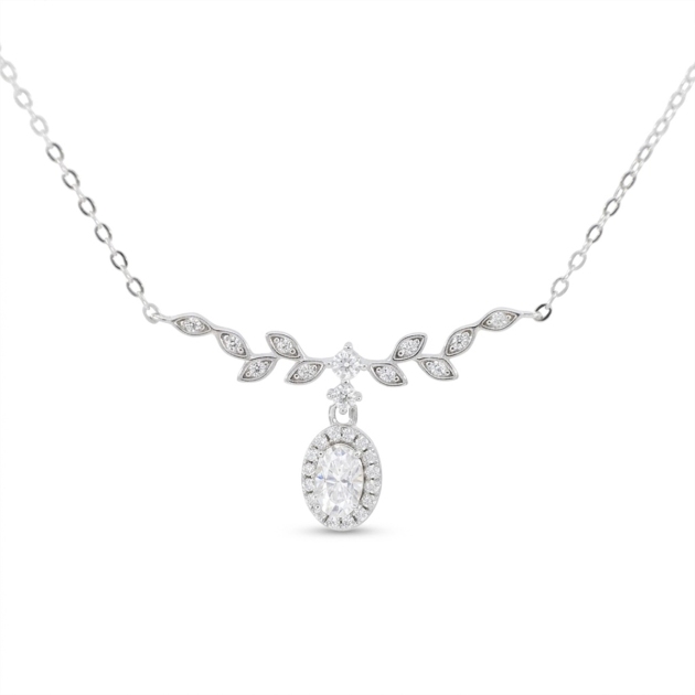 925 Sterling Silver Oval Lab Moissanite Leaf Drop Necklace
