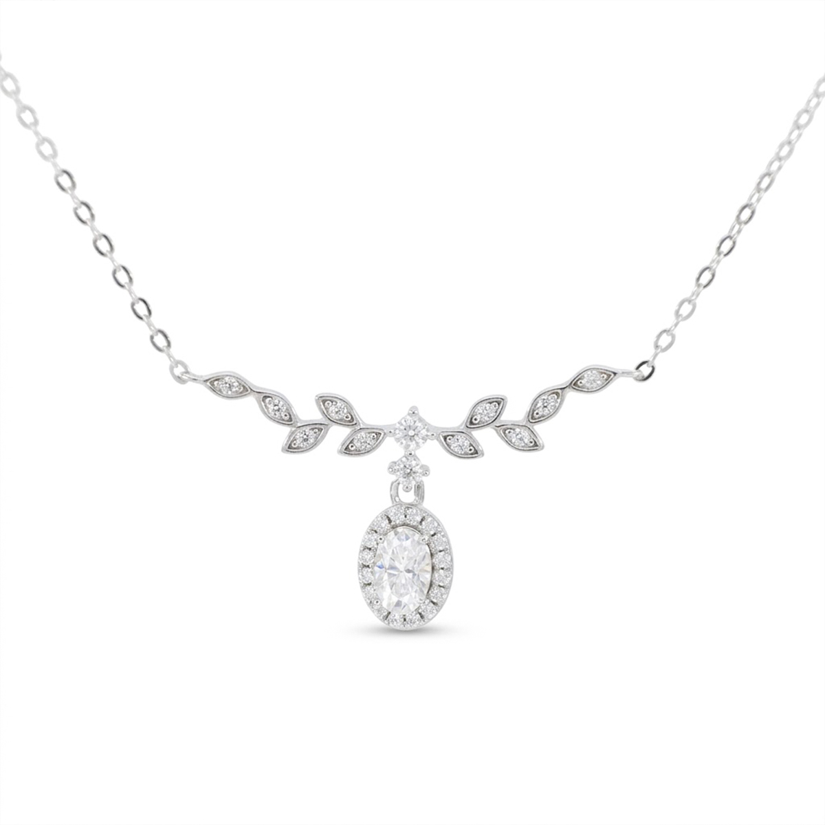925 Sterling Silver Oval Lab Moissanite Leaf Drop Necklace