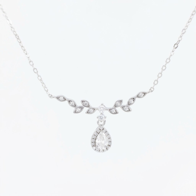 925 Sterling Silver Pear-Cut Lab Moissanite Leaf Drop Necklace