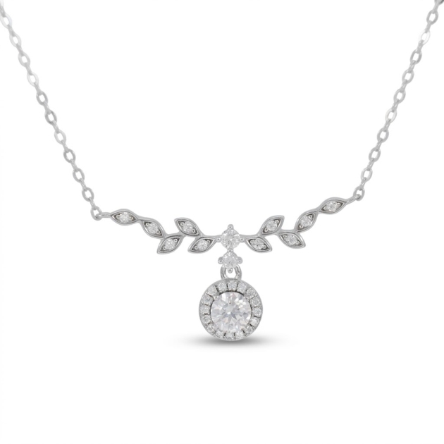925 Sterling Silver Round Lab Moissanite Leaf Drop Necklace