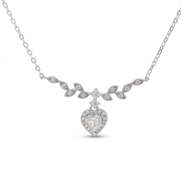 925 Sterling Silver Heart-Cut Lab Moissanite Leaf Drop Necklace