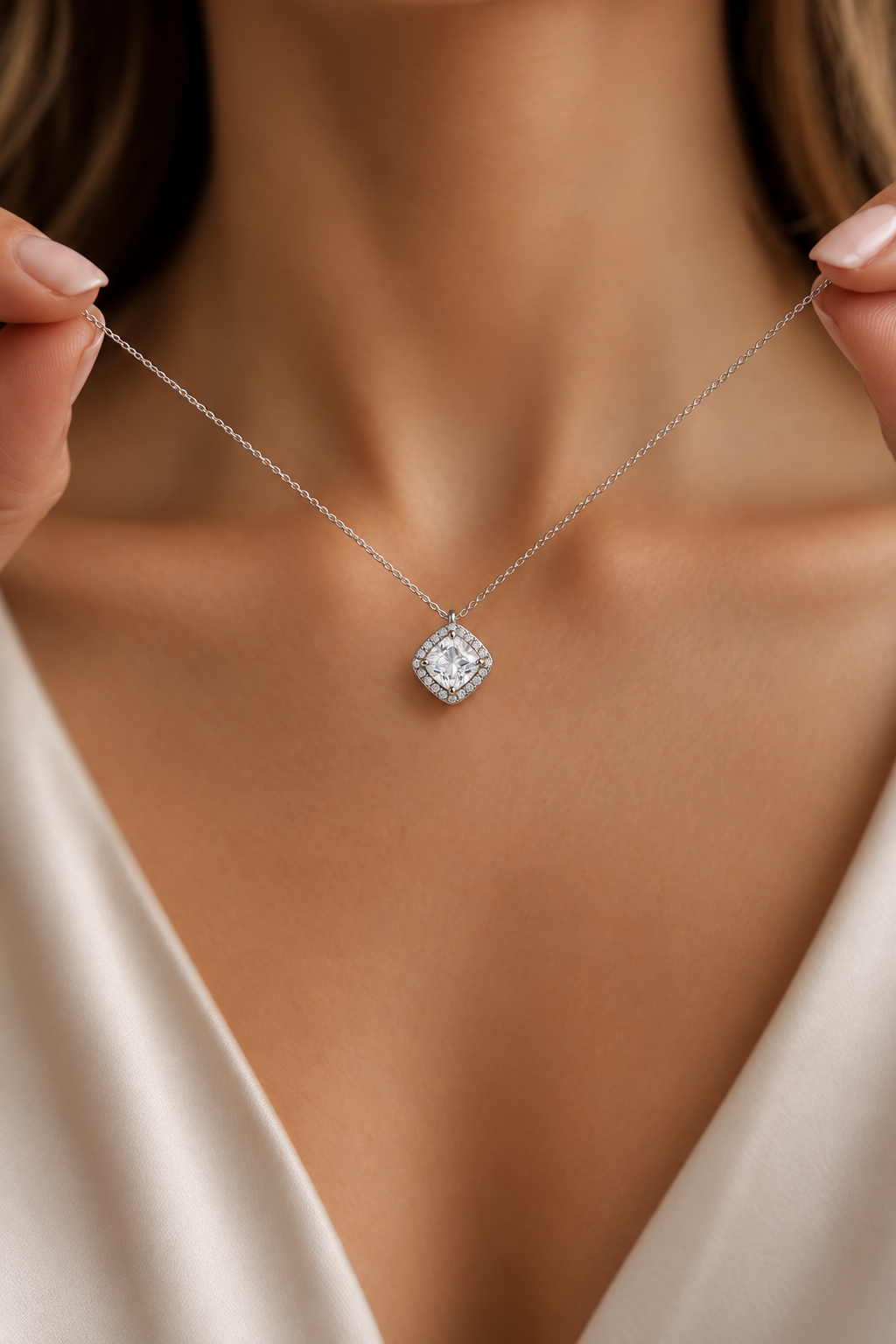 Diamond-Shaped Halo Diamondlite 925 Sterling Silver Necklace - Image 2