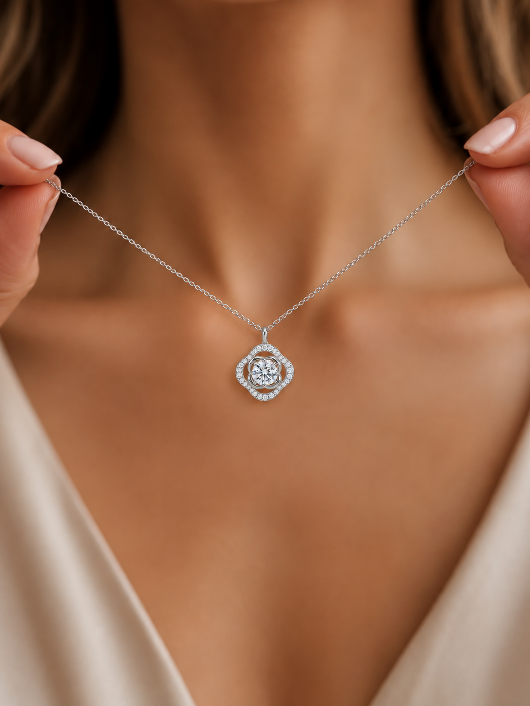 Four-Petal Halo Diamondlite 925 Sterling Silver Necklace - Image 2