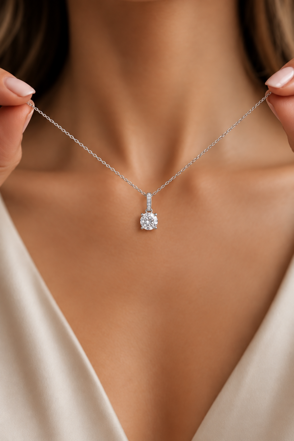 Round Solitaire Pavé Bail Diamondlite 925 Sterling Silver Necklace - Image 2