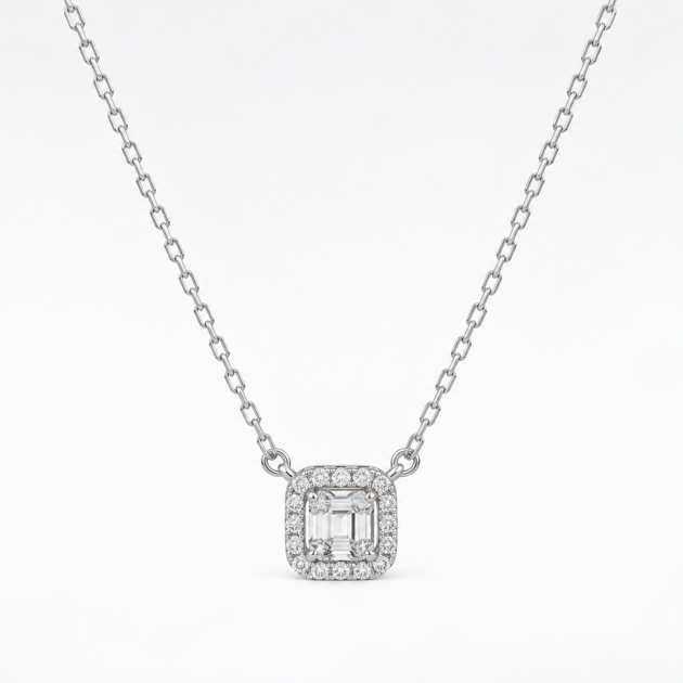 Square Emerald-Cut Halo Diamondlite 925 Sterling Silver Necklace