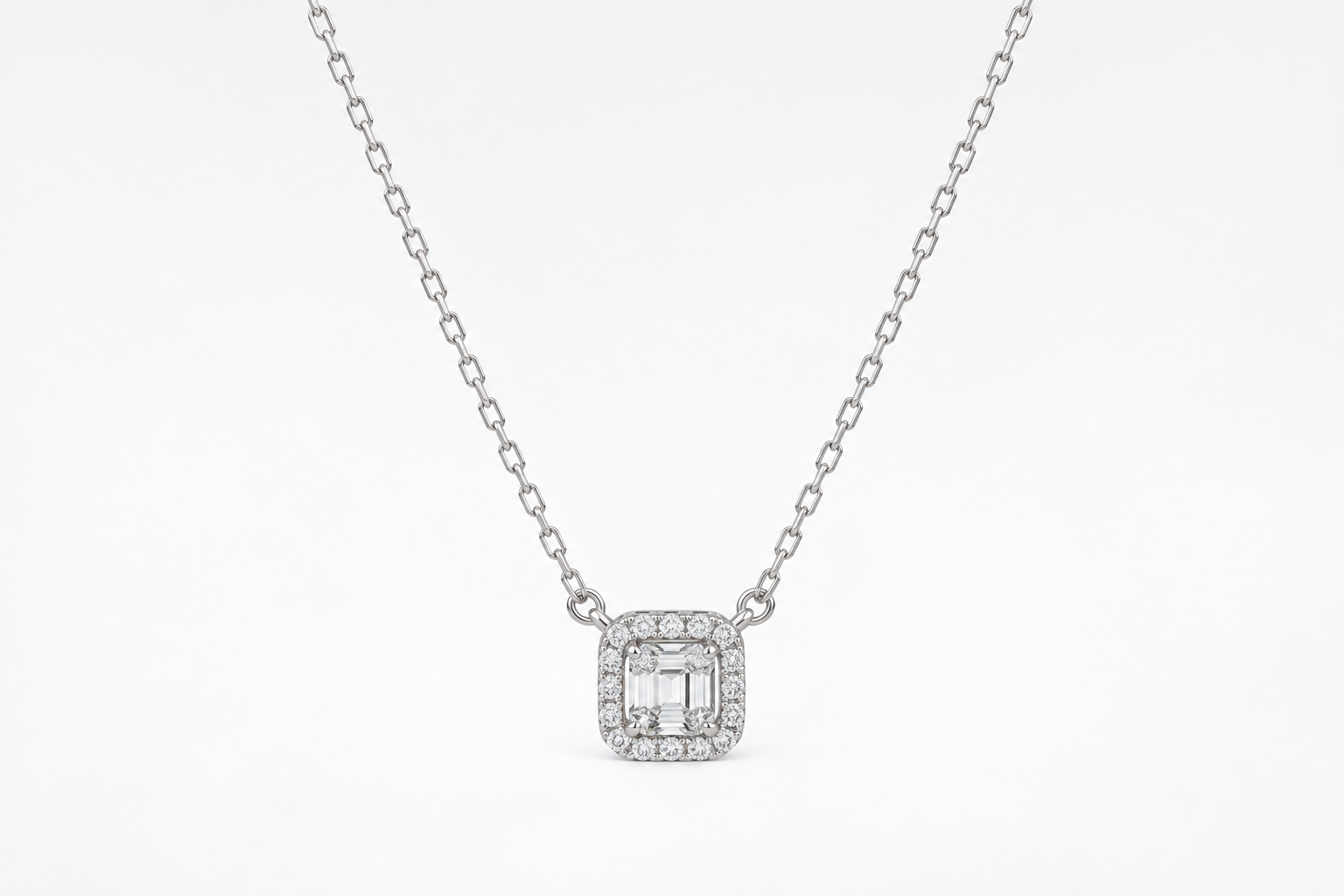 Square Emerald-Cut Halo Diamondlite 925 Sterling Silver Necklace