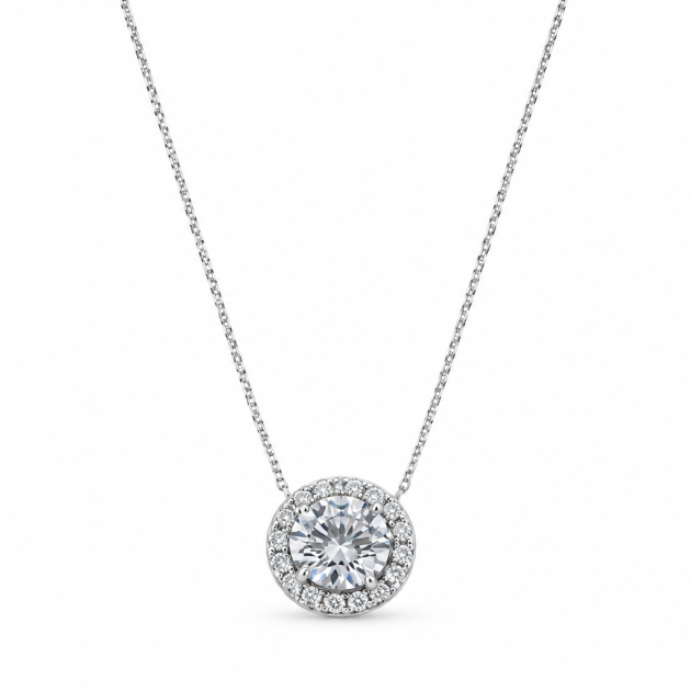 Round Halo Diamondlite 925 Sterling Silver Necklace
