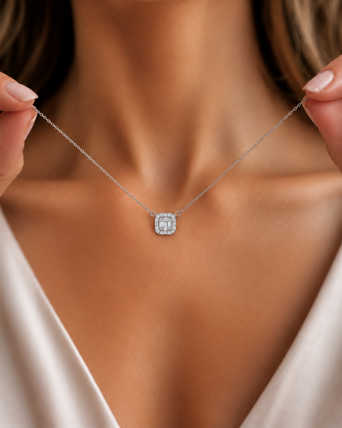 Square Emerald-Cut Halo Diamondlite 925 Sterling Silver Necklace - Image 2
