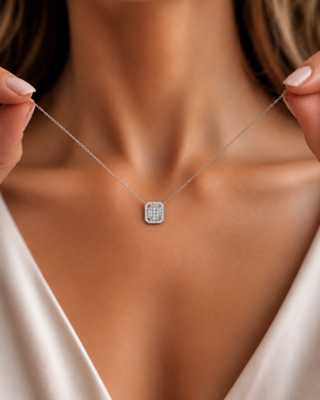 Rectangular Pavé Halo Diamondlite 925 Sterling Silver Necklace - Image 2