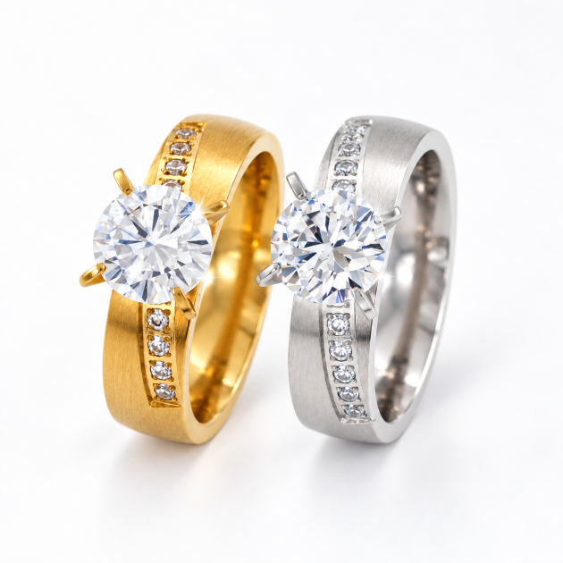 Round Solitaire Pavé Band Diamondlite 316L Stainless Steel Ring