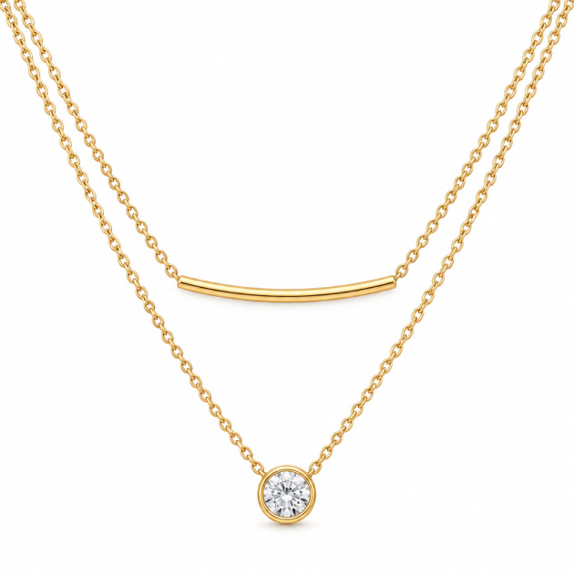 Double Layer Bar & Round Diamondlite 316L Stainless Steel Necklace